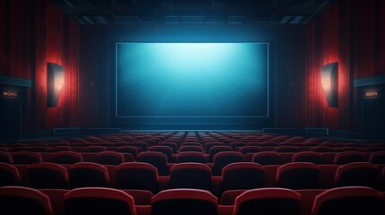 Fototapeta premium Empty Movie Theater with Red Seats and Large Screen Illuminated by Soft Blue Light, Ideal for Cinema or Event Planning Themes