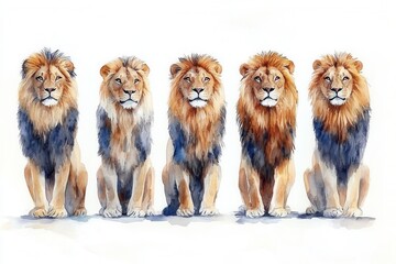 A watercolor illustration of five lions sitting in a row, showcasing their majestic features.