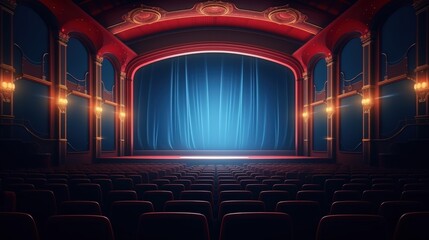 Empty Movie Theater with Large Screen and Red Decorative Accents Surrounded by Unoccupied Seats Ready for Performance or Screening Experience