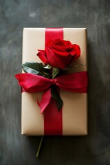 Kraft gift box with red rose and ribbon.