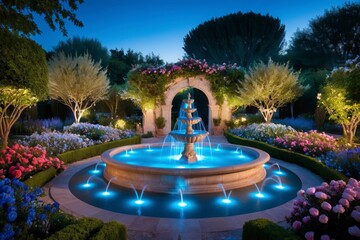 A large fountain with a stone archway in the middle
