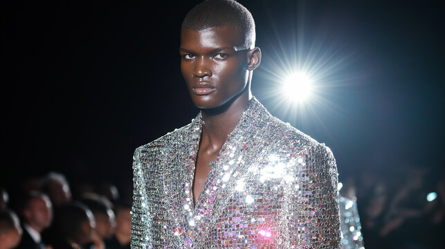 A male model at a fashion event wearing  silver shimmering jacket,  Runway fashion show 