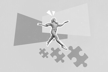 Creative photo 3d collage artwork poster postcard of pretty happy lady moving ahead professional growth isolated on painting background