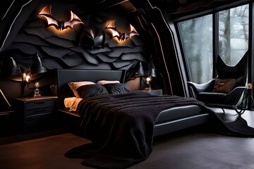 77 the batcave a dark mysterious room with a bat themed bedsprea