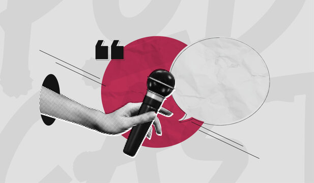 Trendy Halftone Collage Online Broadcasting concept. Hand with Microphone and Speech bubble message. Audio recording of interview. Talking in podcast. Contemporary vector art illustration