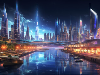 Obraz premium Excellent Photo of city skyline at night with lights