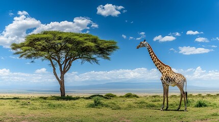 Obraz premium A towering giraffe stands in the foreground of the vast African savannah, its long neck reaching up to the sky. Behind it stands a lone acacia tree, providing a stark contrast to the bright blue sky