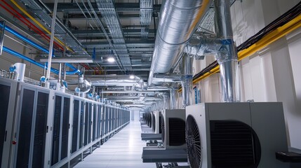 Server room infrastructure, cooling systems, data center, technology.