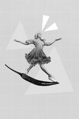 Creative photo 3d collage artwork poster postcard of funny girl vegetarian eating only healthy food isolated on painting background