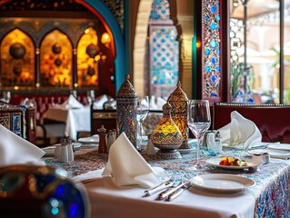 Elegant Middle Eastern restaurant table setting, ornate decor, delicious food.