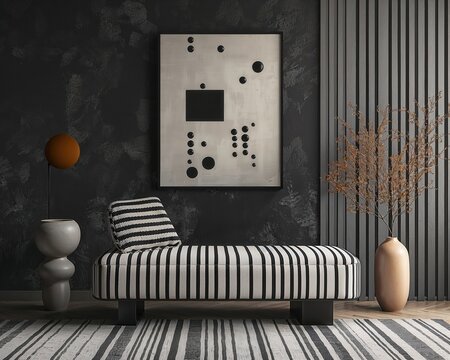 Generative AI, Modern Afrocentric-style living room with striped fabric sofa, perforated metal cube storage, and bold monochrome canvas