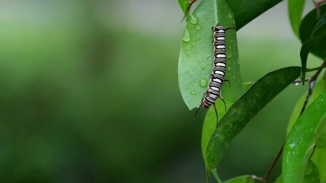 Close up of Lily Borer caterpillar (Brithys crini) feeding on green leaves. Natural insect activity in garden foliage. Ecology and nature concept