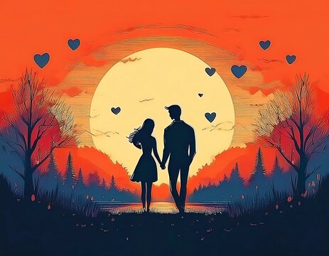 Romantic Sunset Silhouettes: Couples Holding Hands in Scenic Landscapes with Vibrant Skies, Nature, and Love-Themed Backdrops