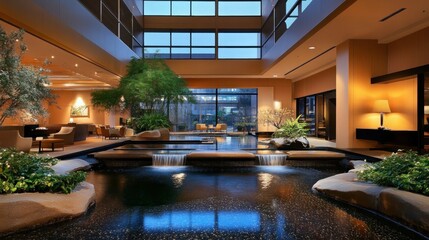 Luxurious hotel lobby with indoor waterfall and lush greenery.