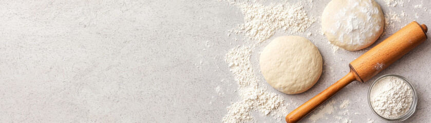 Fresh dough and flour on kitchen counter p with rolling pin