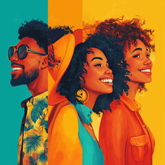 Obraz premium A colorful poster of three smiling women and a man wearing sunglasses and a hat