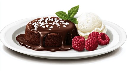 Molten chocolate cake with vanilla ice cream and raspberries on a white plate.