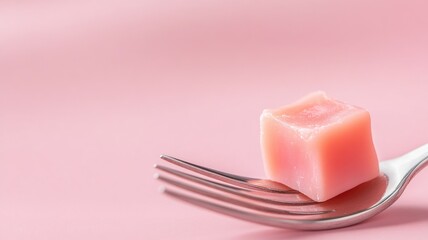 Pink jelly cube on silver fork against pink background