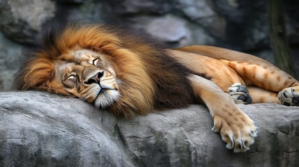 Majestic male lion resting peacefully on a rock.