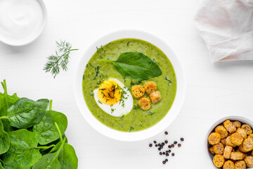 Green soup. Broccoli spinach cream soup in a bowl.