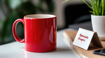 Vibrant red coffee mug on desk beside note and some plants