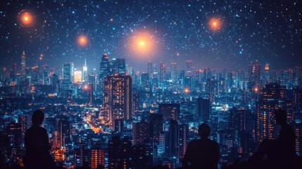 Obraz premium A serene cityscape at night with stars, showcasing a tranquil view of urban life.