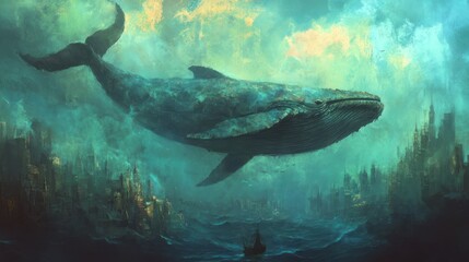 Fototapeta premium Giant whale soaring above a mystical, underwater city with a small sailing ship.