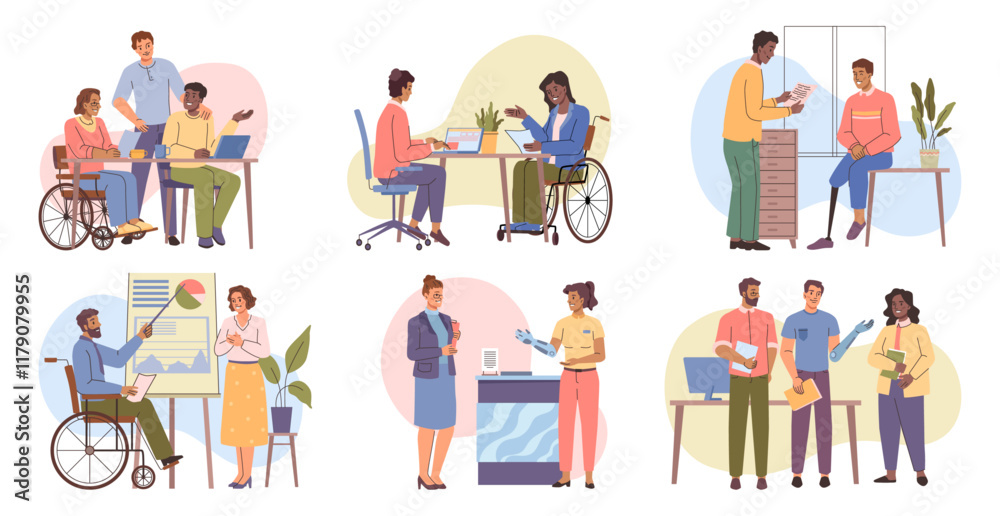 Poster inclusive people in office. vector various disabled characters work together. wheelchairs, adaptive 