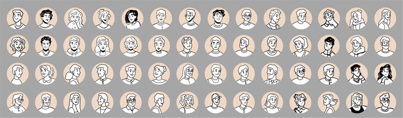 People avatars in monochrome style. Vector portraits of cartoon characters for social media and networking, user profile icons, website and app design. Pictures of men and women in different angles