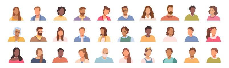 Portraits of people without faces. Vector pictures of persons of different nationalities and genders. Teenagers, adults and aging populations. Individuals of different professions and class levels
