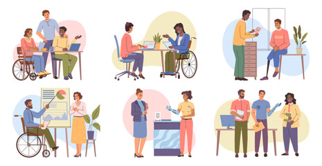 Inclusive people in office. Vector various disabled characters work together. Wheelchairs, adaptive tools and supportive colleagues promote dynamic workspace and smother barriers with empathy
