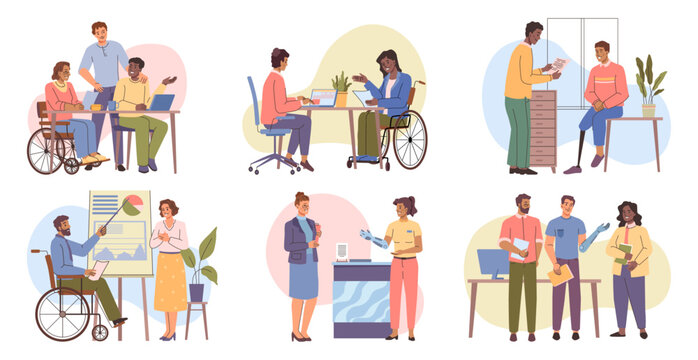 Inclusive people in office. Vector various disabled characters work together. Wheelchairs, adaptive tools and supportive colleagues promote dynamic workspace and smother barriers with empathy - Powered by Adobe