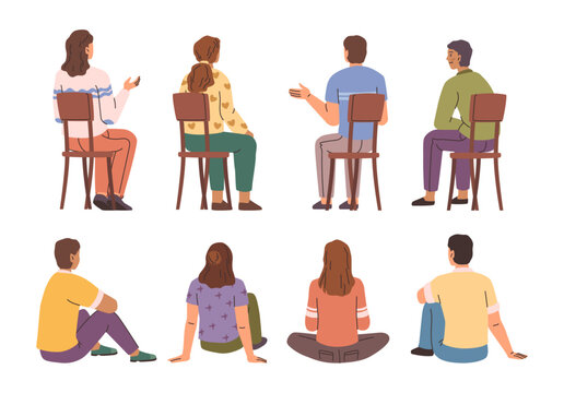 People sitting on chairs and floor rear view. Vector set of young men and women characters on lecture. Students of university, college scholars or business persons on meetings, look from behind