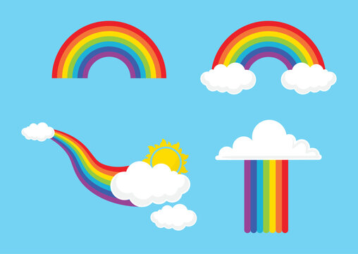 Rainbow, clouds and sun vector illustration composition set isolated on white background. Rainbow vector icon set. Clouds and rainbow icon set in different style.