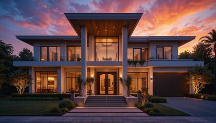 Sunset Luxury Mansion:  A stunning contemporary home bathed in the warm glow of a vibrant sunset, showcasing exquisite architectural details and landscaping.