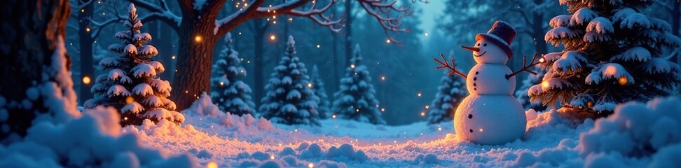 Obraz premium Christmas forest with glowing snowmen and trees, enchanted, snowman