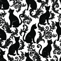 Adobe Illustrator ArtworkVintage Floral Cat Silhouettes Pattern
