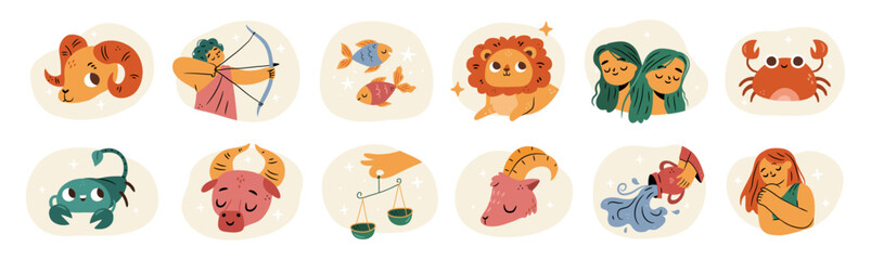 Horoscope zodiac signs set. Vector in flat style, astrological earth element symbol, set of doodles of virgo and libra, aries and gemini, leo and taurus, pisces and sagittarius, scorpio and capricorn