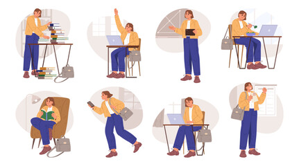 Girl student university or college routine and daily lifestyle. Vector in flat style, isolated teenage character preparing for exams, getting best grade, raising hand to answer and working on computer