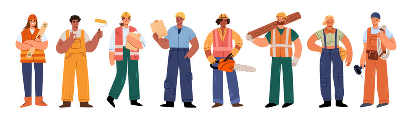 Construction workers set, repair service employees, builders, repairmen and renovation foremen. Vector in flat style, isolated collection of men and women personages wearing helmets and uniforms
