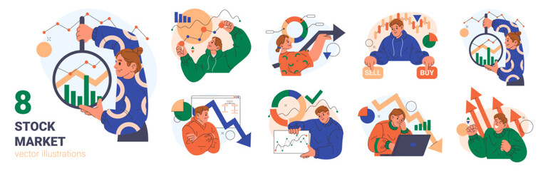 People with charts and data information on stock market. Vector in flat style, isolated characters with diagrams and planning strategy for business, trading and marketing workshop, money revenue