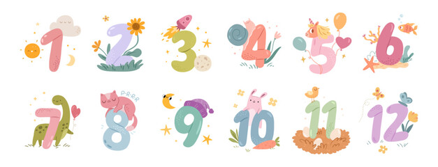 Children milestones, month or years anniversary for kids. Vector in flat style, baby monthly numbers cards. Animals and cute characters, greeting posters and postcards for celebration, banners