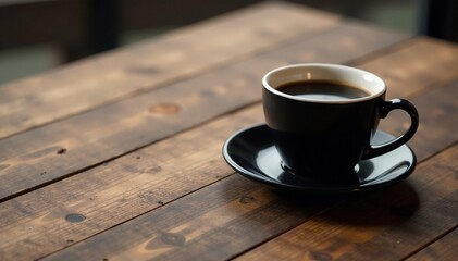 Sleek black coffee cup rests on worn wooden table, wood texture, black coffee cup, elegant