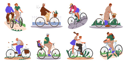 Active lifestyle of people riding bikes for fun or as mean of transport. Vector in flat style, set of characters, young and senior personages on bicycles riding from shop, to work. Recreation hobby