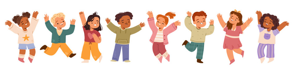 Excited and happy children running and jumping. Vector in flat style, isolated set of cute characters, boys and girls with closed eyes and smiles on faces. Happiness and gladness from kids