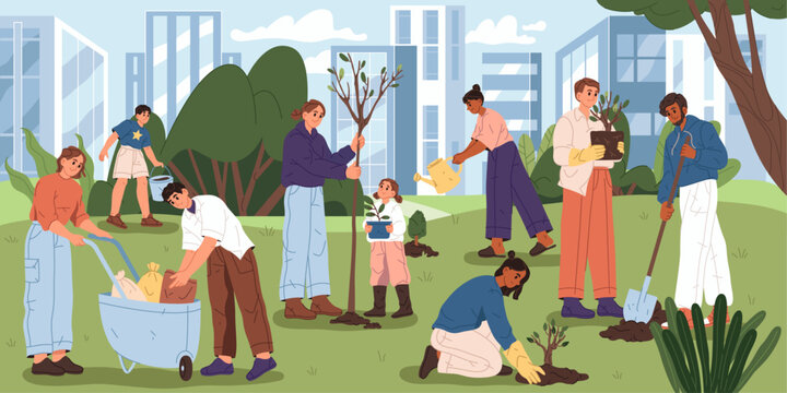 Characters planting trees and bushes in city park. Vector in flat style, eco activists or organization community caring for landscape design and greenery. Environmentally helpful and friendly people