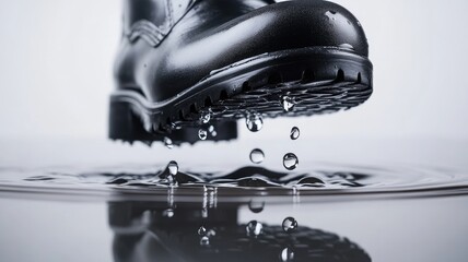 Close-up of waterproof boot stepping into water, droplets splashing