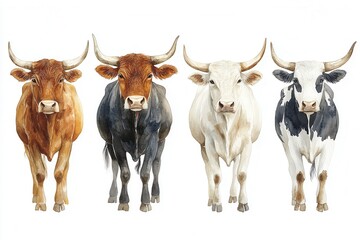Four cows standing in a row, showcasing different colors and patterns.