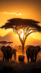 Fototapeta premium African Sunset Silhouette A Herd of Elephants Gathers Under the Golden Hour, Savanna Wildlife