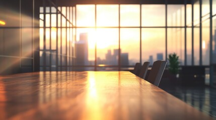 Business modern office open space with wooden table bokeh background blurred interior with panoramic windows and beautiful lighting